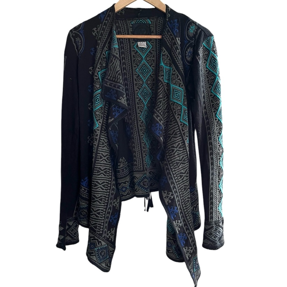 Biya Johnny Was Black Blue Embroidered Drapey Aztec Cardigan Sweater Small